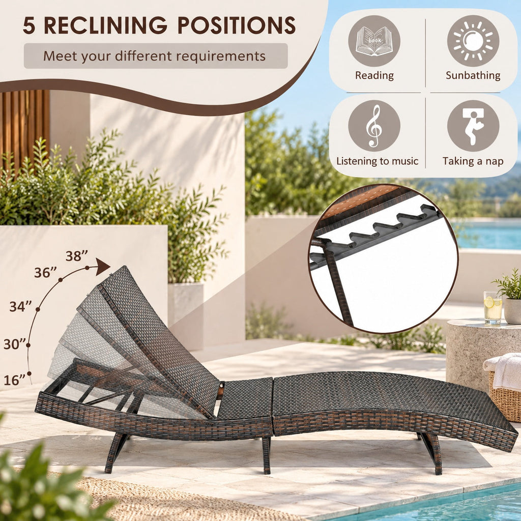 Airfind Patio Folding Adjustable Rattan Chaise Lounge Chair with Cushion, PE rattan steel non-woven fabric D Frame, 83 x 24 x 16-38 Footprint