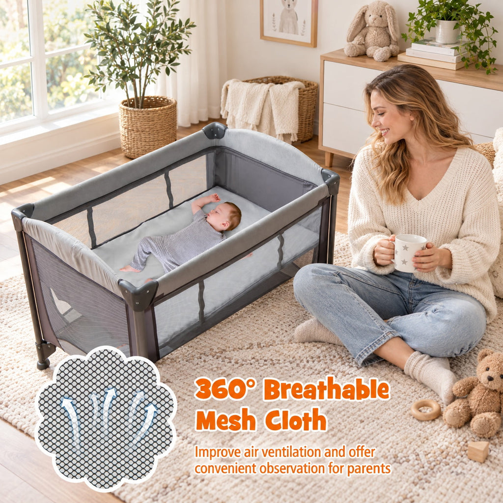 Airfind 5-in-1 Portable Child Playard with Cradle and Storage Basket, 33 Lbs Capacity, Polyester Fabric Sponge Iron PP Basic Child Playard, Gray