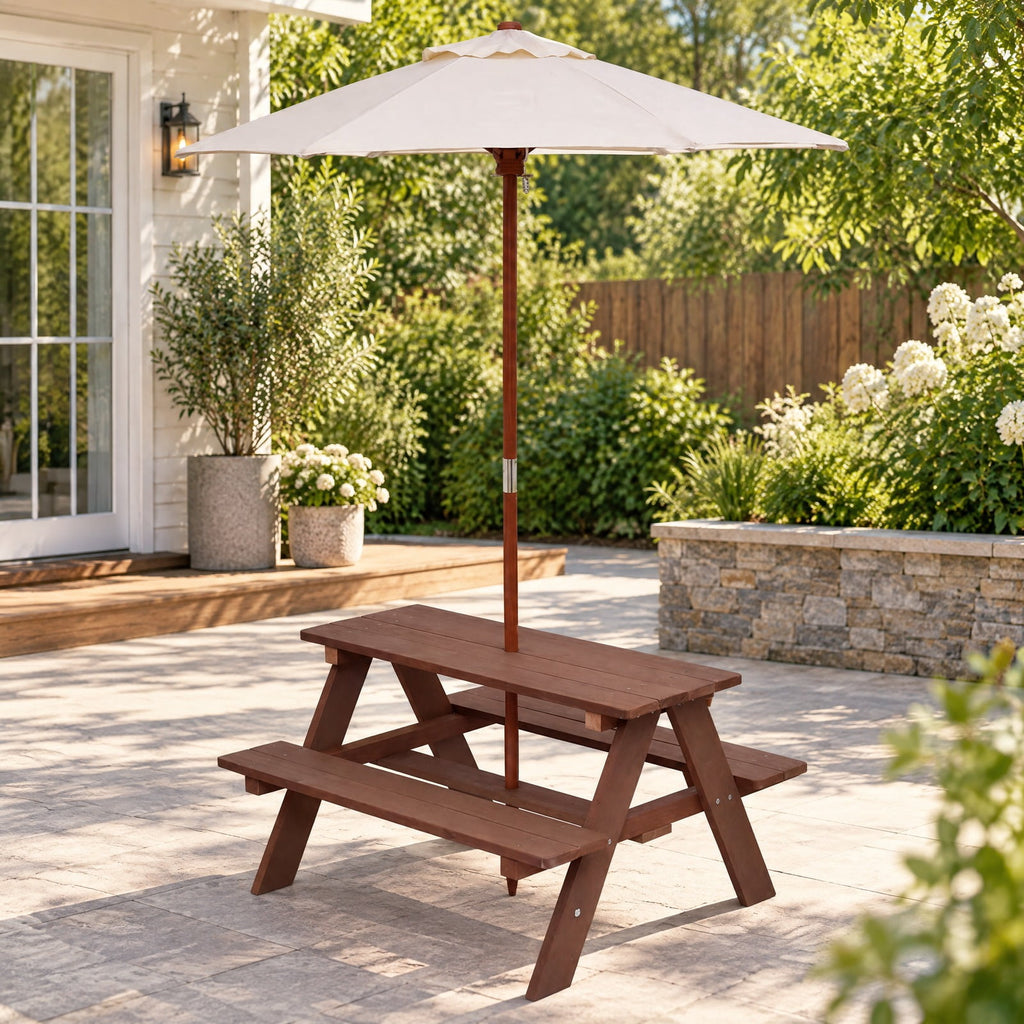 Airfind Outdoor 4-Seat Kids Picnic Table Bench with Umbrella, Fir wood polyester fabric Bench Frame, 28 x 8.5 x 13 /35 x 6.5 x 11 Footprint