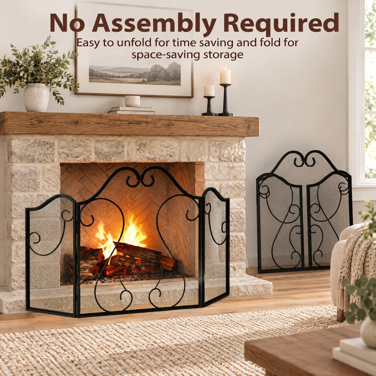Airfind 3 Panel Fireplace Screen Foldable Spark Guard Cover with Decorative Scroll, Metal Frame, 40 × 24 Footprint, Black