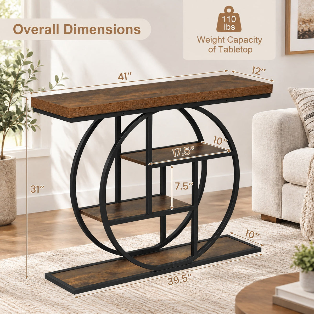 Airfind 4-Tier Console Table 41 Inches Entryway Table with Storage Shelves, 110 lbs Capacity, MDF Metal Frame, 41 Inch x 12 Inch x 31 Inch Footprint, Brown