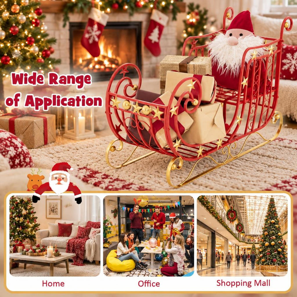 Airfind Metal Christmas Santa Sleigh with Large Cargo Area for Gifts, Metal Frame, 39 Inch x 14 Inch x 24 Inch Footprint, Red + Golden
