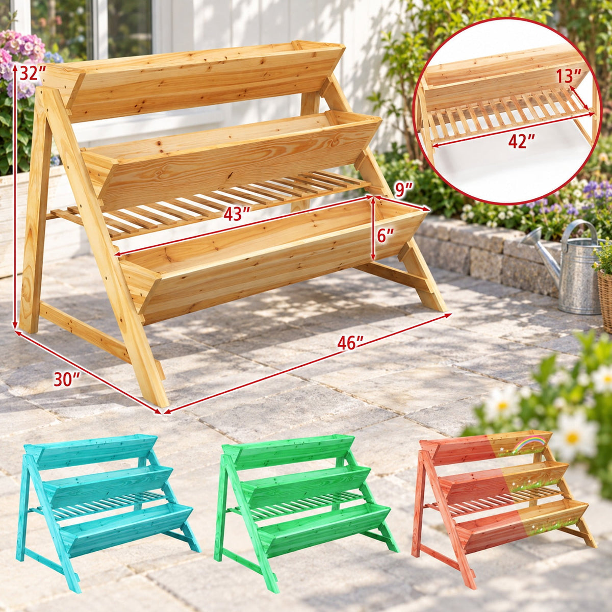 Airfind 3 Tier Wooden Vertical Raised Garden Bed with Storage Shelf, Fir wood Frame, 47 x 30 x 32 Footprint, Natural