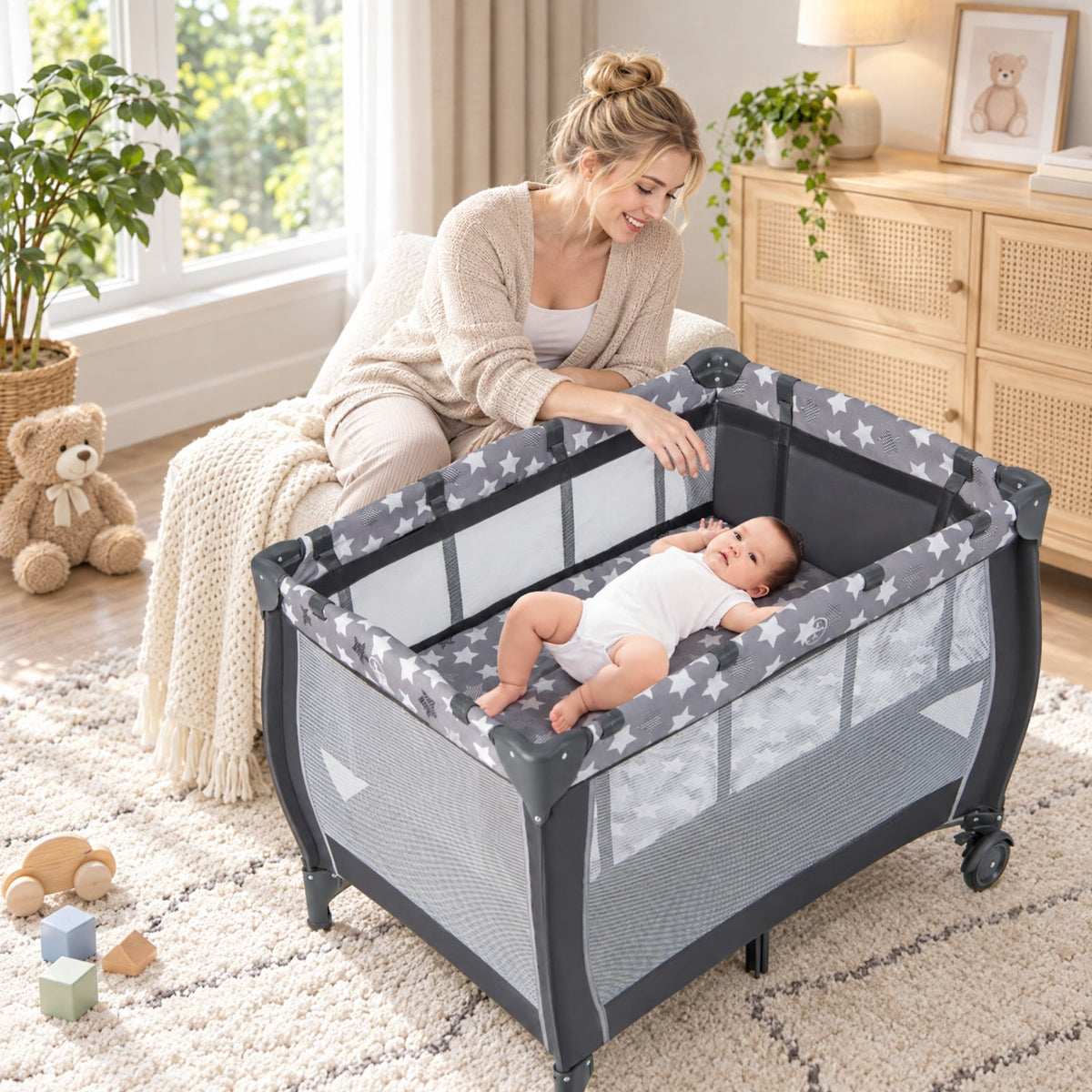 Airfind Portable Baby Playard with Changing Table Bassinet and Music Box, Oxford Cloth Sponge Iron PP Basic Baby Playard Frame, for 0-3 years old