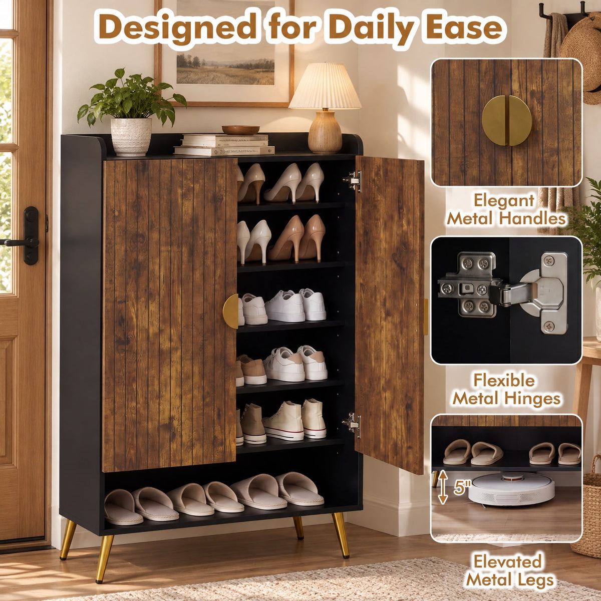 Airfind 44in Tall Shoe Storage Cabinet with 7-Tier Doors and Adjustable Shelves for Entryway, 110 lbs Capacity, Engineered Wood Metal Frame, Brown