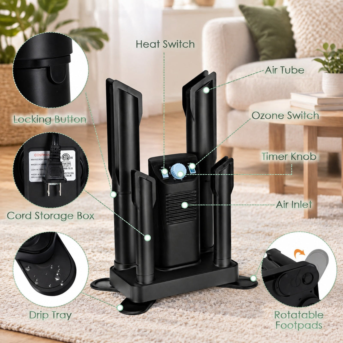 Airfind Electric Shoe Boot Dryer 4 Shoes with 180 Mins Timer Ozone Disinfection, PP fiberglass ABS Frame, Black