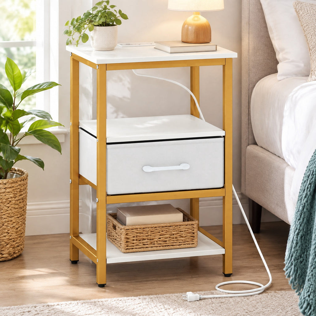Airfind Nightstand with Charging Station and Adjustable Fabric Drawer for Bedroom and Living Room-1 Piece, 44 lbs Capacity, White and Gold