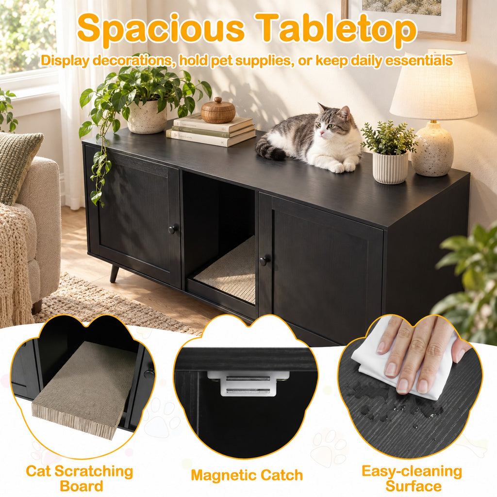 Airfind Double Cat Litter Box Enclosure for 2 Cats with Scratching Pad and Double Rooms, Engineered Wood Frame, Black