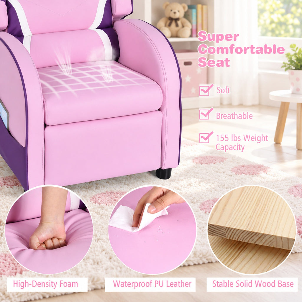 Airfind Kids Leather Recliner Chair with Side Pockets, Solid wood PU leather sponge plastic iron Frame, for 3-9 years old, Pink