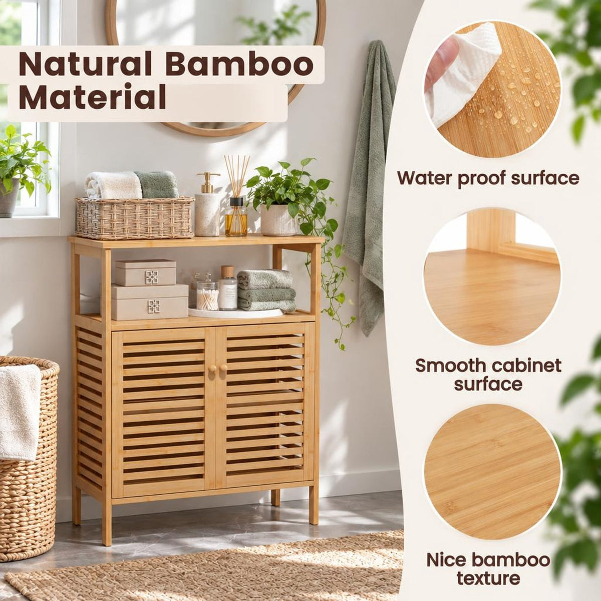 Airfind Bamboo Bathroom Floor Storage Cabinet with Shutter Doors, 145 lbs Capacity, Bamboo MDF Frame, Natural