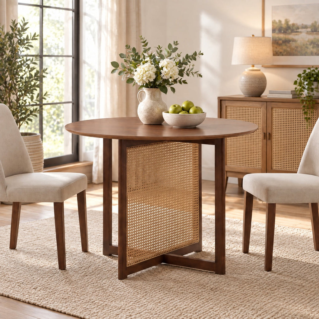 Airfind 37.5 Inch Round Dining Table with Cross Pedestal Base, 165 lbs Capacity, MDF Rubber Wood PE Rattan Frame, 37.5 x 29.5 Footprint, Walnut