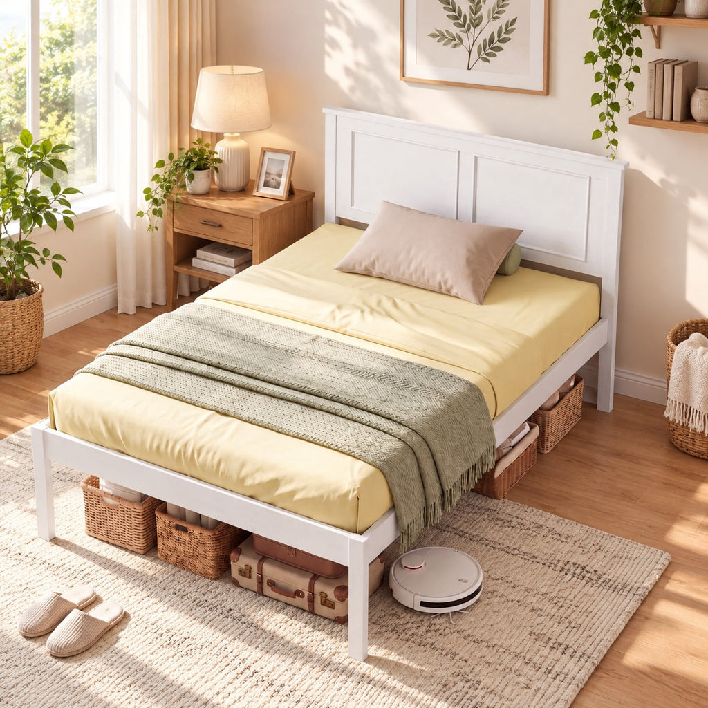 Airfind Twin Size Bed Frame Farmhouse Wooden Platform Bed with Headboard White, 600 lbs Capacity, Solid Wood Plywood Engineered Wood Frame, White
