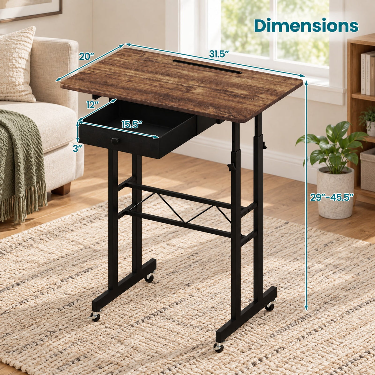 Airfind Height Adjustable Laptop Desk with Fabric Drawer Tablet Holder and Lockable Wheels, 45 lbs Capacity, 31.5 x 20 x 29-45.5 Footprint