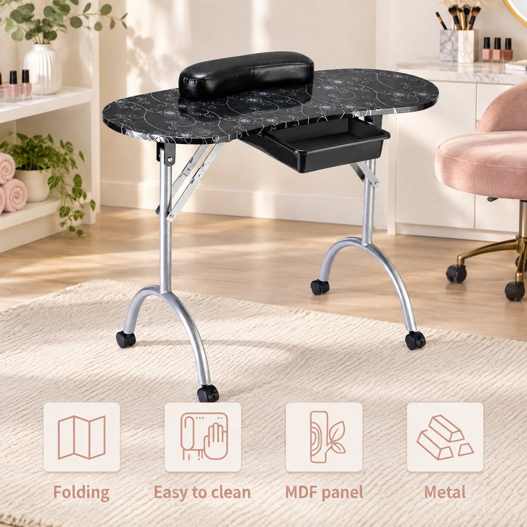 Airfind Foldable Portable Manicure Table with Drawer Casters and Cushion, MDF Metal Frame, 35.5 x 14.5 x 27 Footprint, Black
