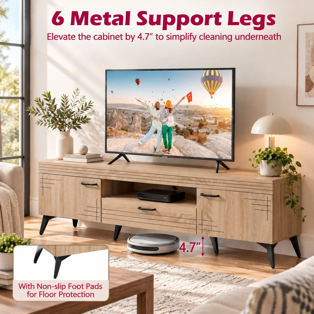 Airfind TV Stand with 2 Cabinets and Storage Drawer for 65 Inches TVs, 180 lbs Capacity, Metal Engineered Wood Frame, 59 x 15 x 17 Footprint, Oak