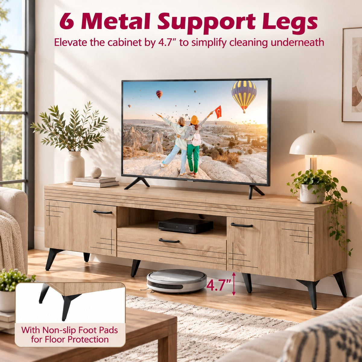 Airfind TV Stand with 2 Cabinets and Storage Drawer for 65 Inches TVs, 180 lbs Capacity, Metal Engineered Wood Frame, 59 x 15 x 17 Footprint, Oak