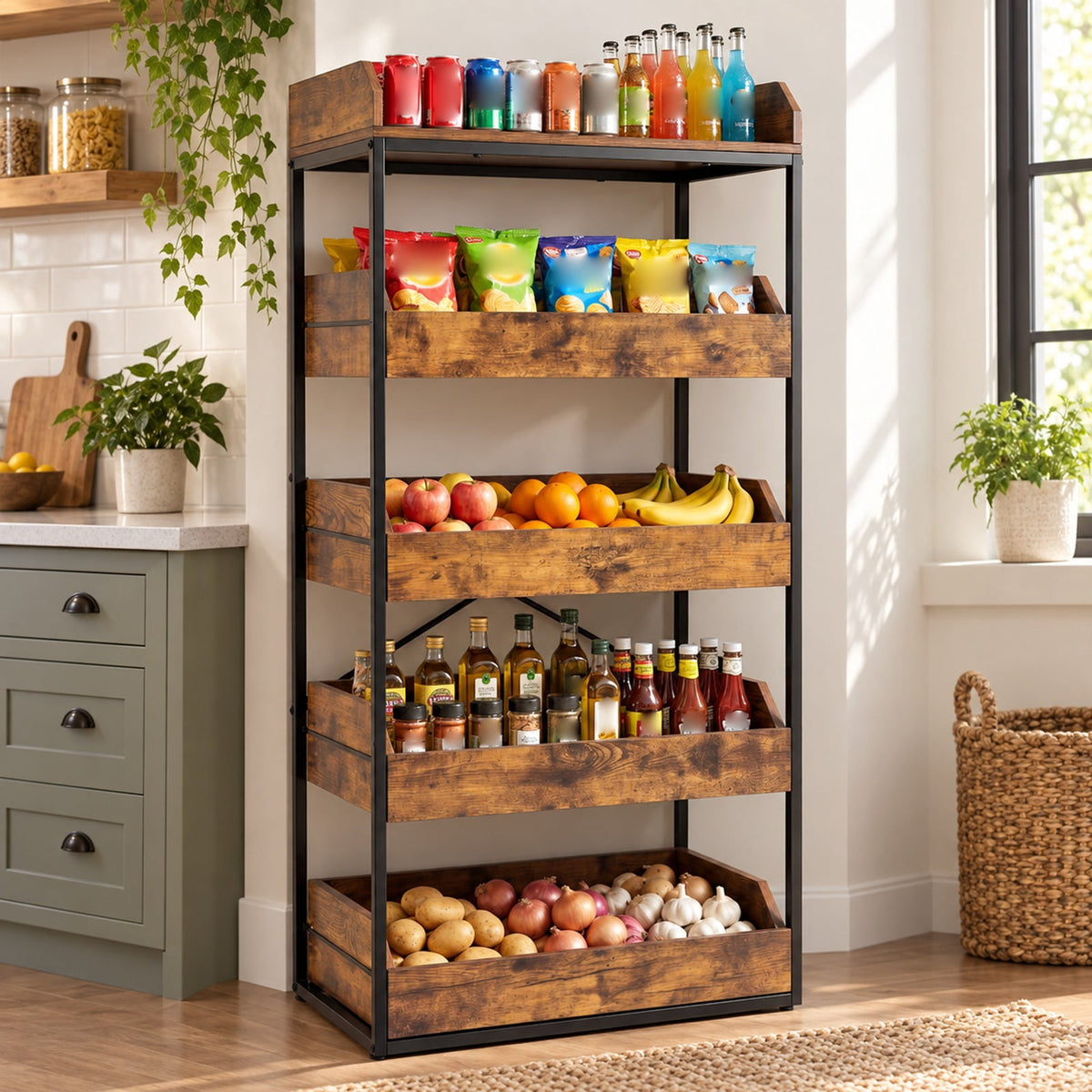 Airfind 5, Tier Food Storage Rack with 4 Pull, out Drawers and Adjustable Feet, Rustic Brown, Assembly needed, for Everyday Home Use