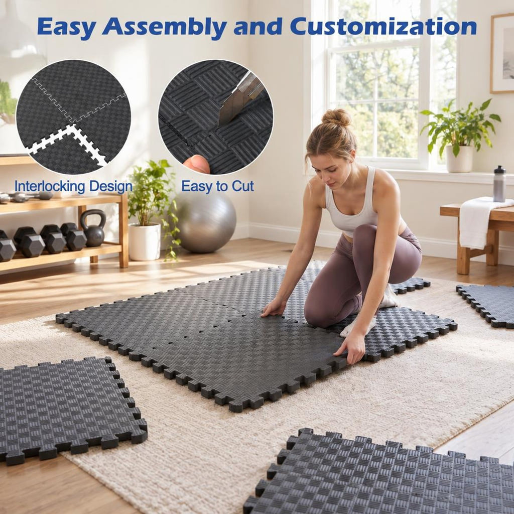 Airfind 18 PCS Puzzle Exercise Mat EVA Foam Interlocking Floor Tiles, Black, Size of Each Piece 24 x 24 x 0.6Net W