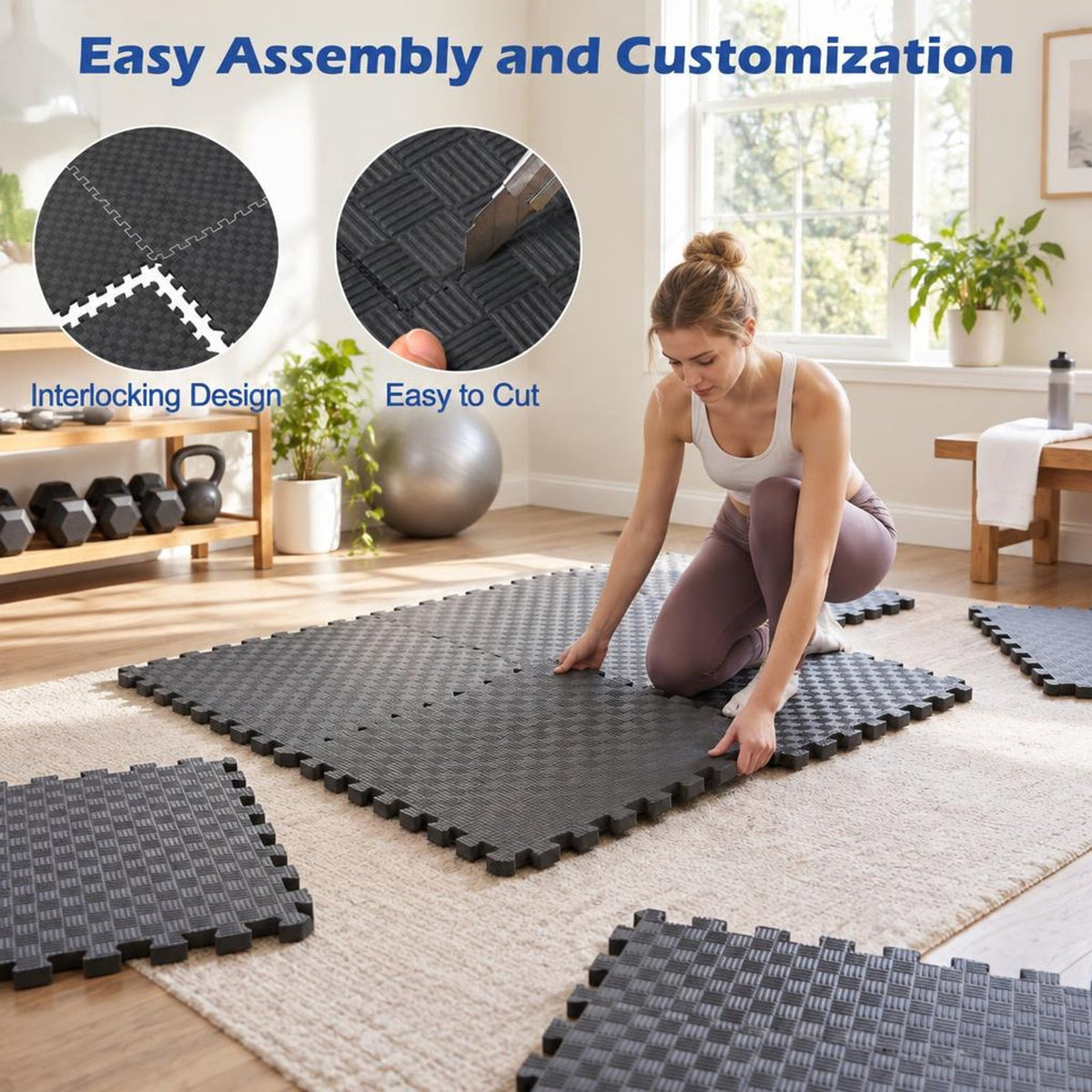 Airfind 18 PCS Puzzle Exercise Mat EVA Foam Interlocking Floor Tiles, Black, Size of Each Piece 24 x 24 x 0.6Net W