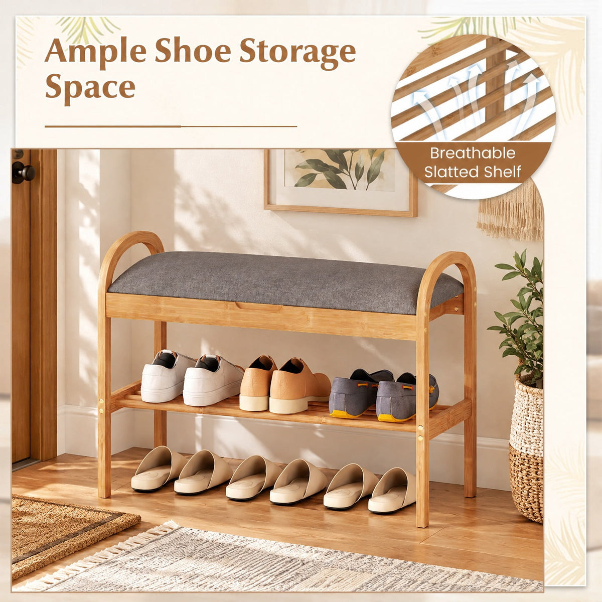 Airfind 2-Tier Bamboo Shoe Bench with Storage and Padded Cushion, 330 lbs Capacity, Bamboo Polyester Fabric Sponge Frame, Gray
