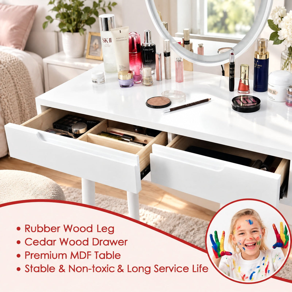 Airfind Touch Screen Vanity Makeup Table Stool Set with Lighted Mirror, MDF paint rubber wood cedar wood Frame, 31.5 x 16 x 54.5 Footprint, White