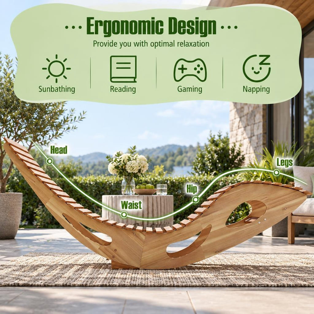 Airfind Acacia Wood Patio Rocking Sun Lounger Chaise Lounge with Ergonomic Curved Seat, 350 lbs Capacity, Acacia Wood Frame, Wood