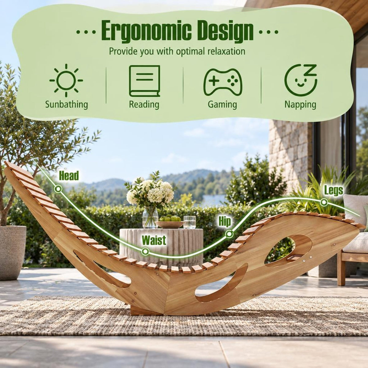 Airfind Acacia Wood Patio Rocking Sun Lounger Chaise Lounge with Ergonomic Curved Seat, 350 lbs Capacity, Acacia Wood Frame, Wood