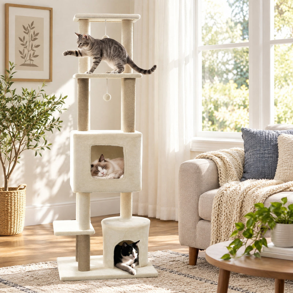 Airfind 64 Inch Tall Cat Tree with 2 Large Condos and Jute Scratching Posts for Indoor Adult Cats, 33 lbs Capacity, Dark Grey