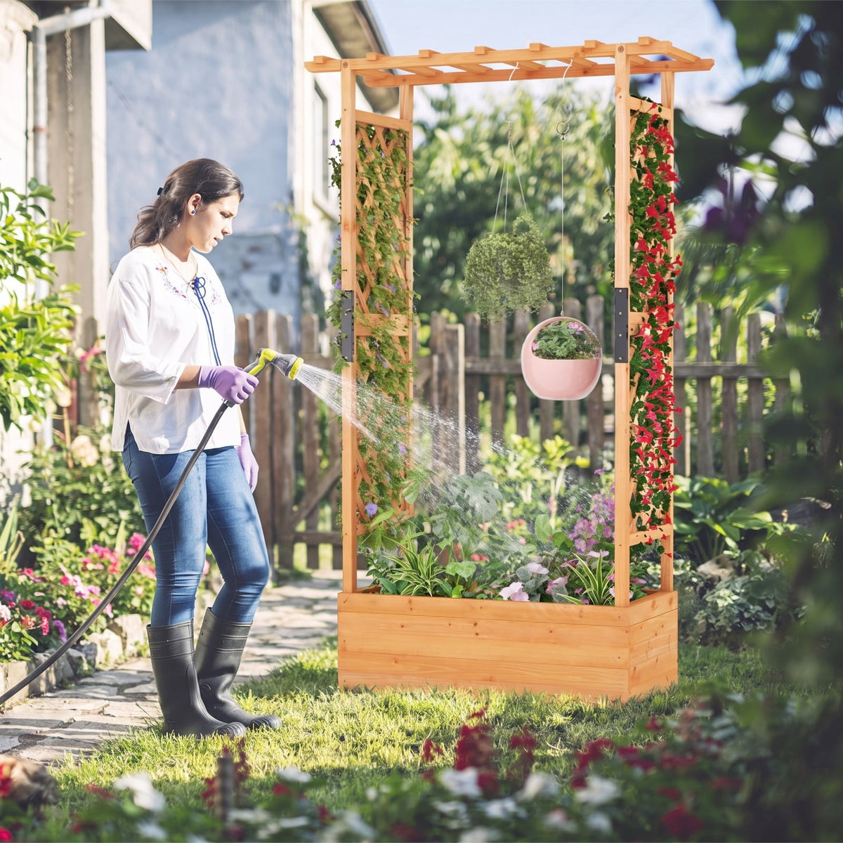 Airfind Raised Garden Bed with Arch Trellis, Fir Wood Frame, 43.5 x 17.5 x 72 (L x W x H) Interior Footprint, Orange