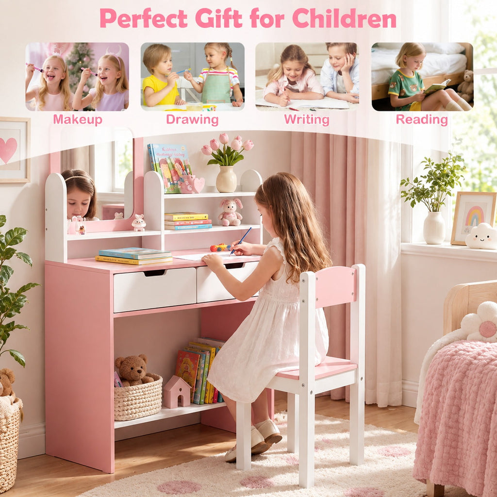 Airfind Kids Vanity Set with Chair and Mirror Makeup Dressing Desk with Storage Shelves and Drawers-White and Pink, 200 lbs Capacity, MDF Glass Frame