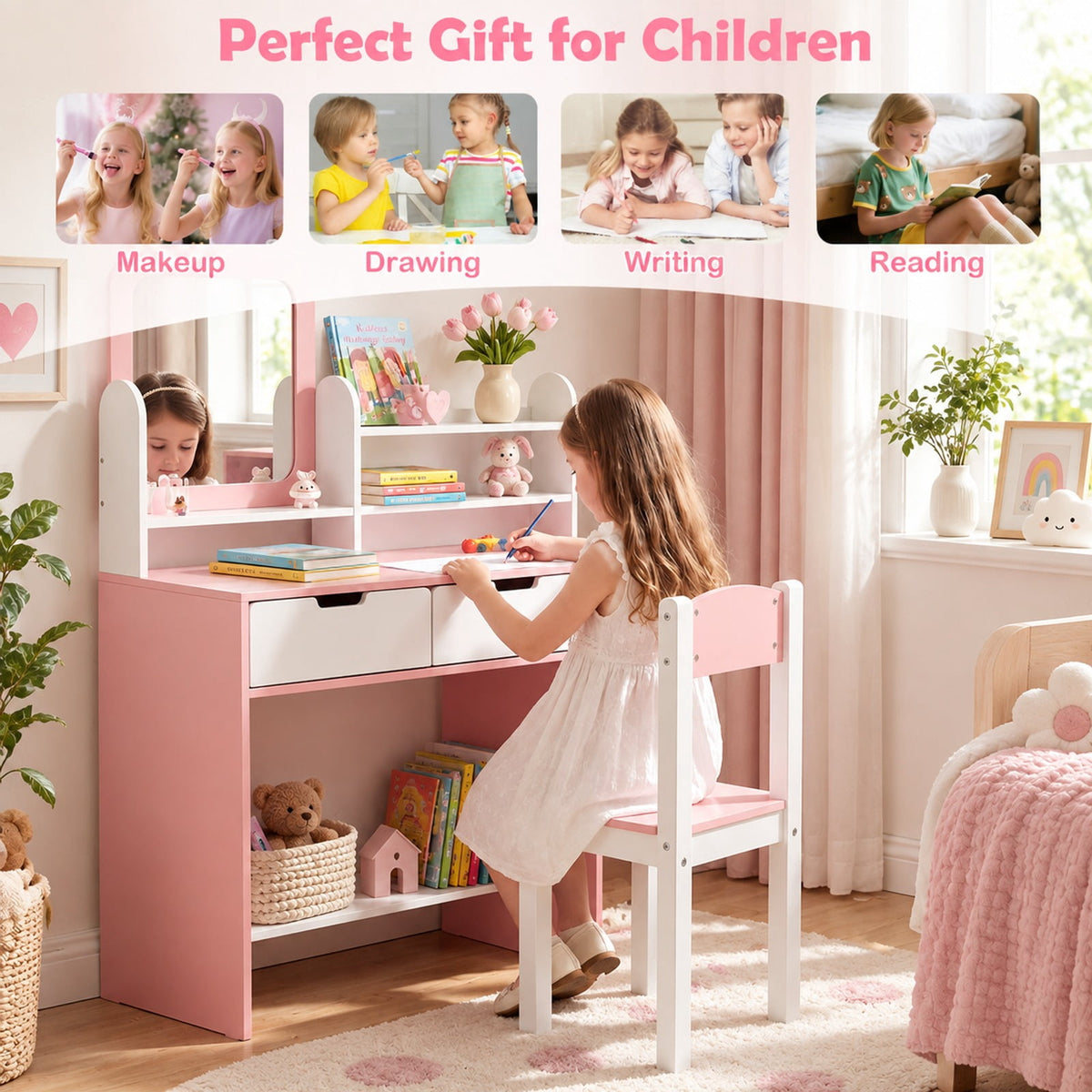 Airfind Kids Vanity Set with Chair and Mirror Makeup Dressing Desk with Storage Shelves and Drawers-White and Pink, 200 lbs Capacity, MDF Glass Frame
