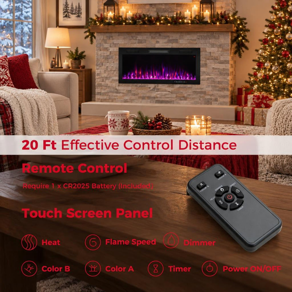 Airfind Electric Fireplace 40/50/60 Inches Recessed and Wall Mounted for 2ft x 6ft Stud-40 Inches, CRS Tempered Glass Frame, Black
