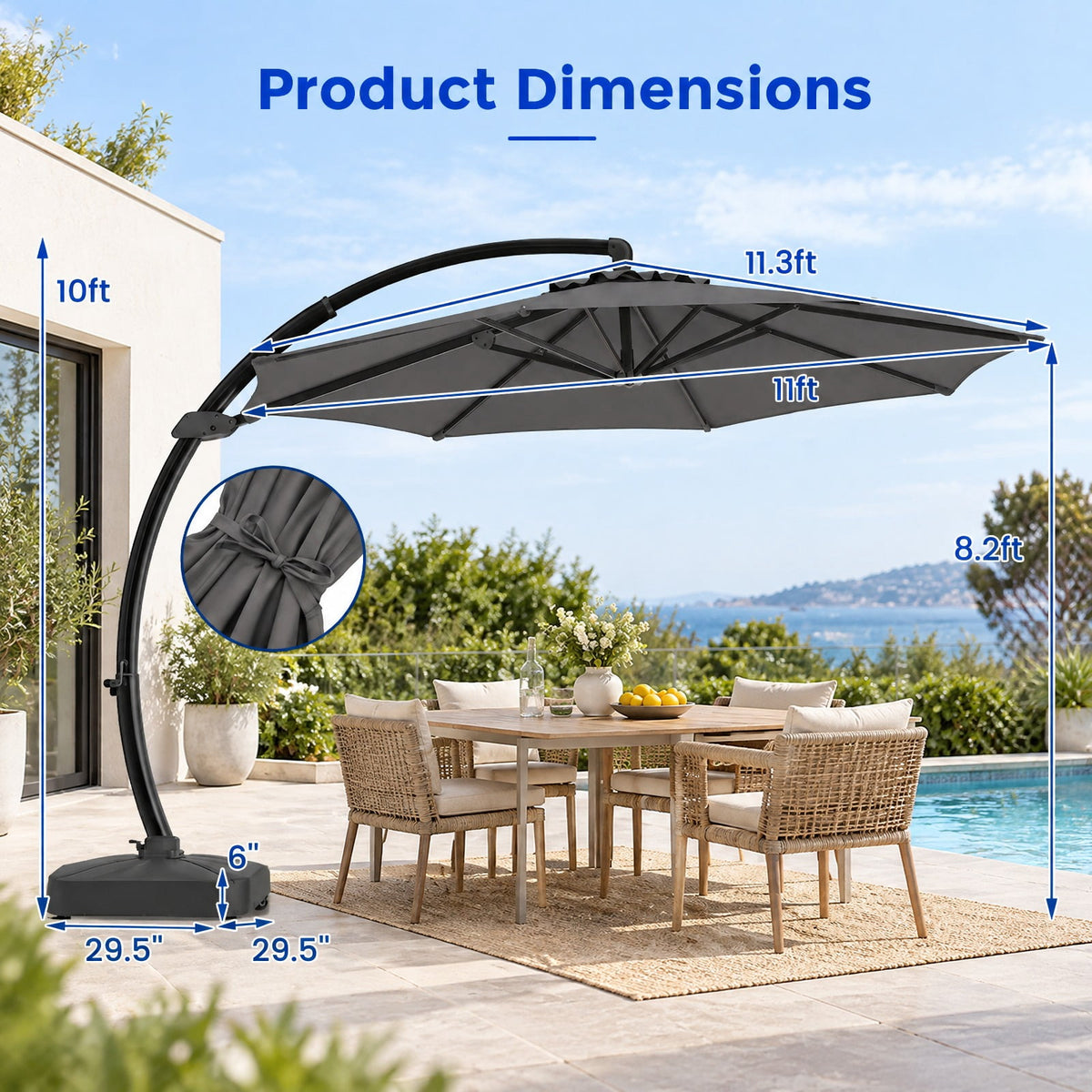 Airfind 11 FT Cantilever Patio Umbrella with Base with 360° Rotation and Tilt Adjustment, Polyester Fabric Aluminum Metal Frame, Gray