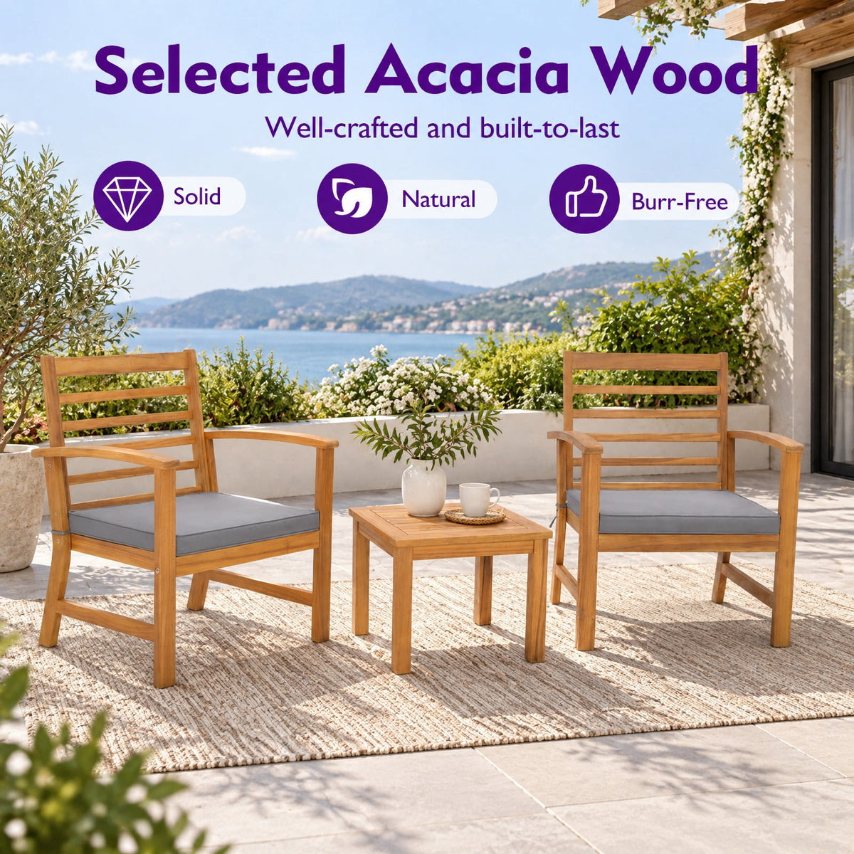 Airfind 3 Pieces Outdoor Furniture Set with Soft Seat Cushions, Chair 400 lbs Capacity, Acacia Wood Sponge Polyester Frame, Gray
