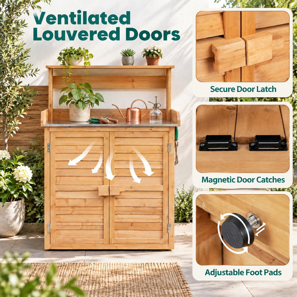 Airfind Wood Plant Workstation with Stainless Steel Tabletop and Removable Shelves, 110 lbs Storage Shelf Capacity, Fir Wood Stainless Steel Frame