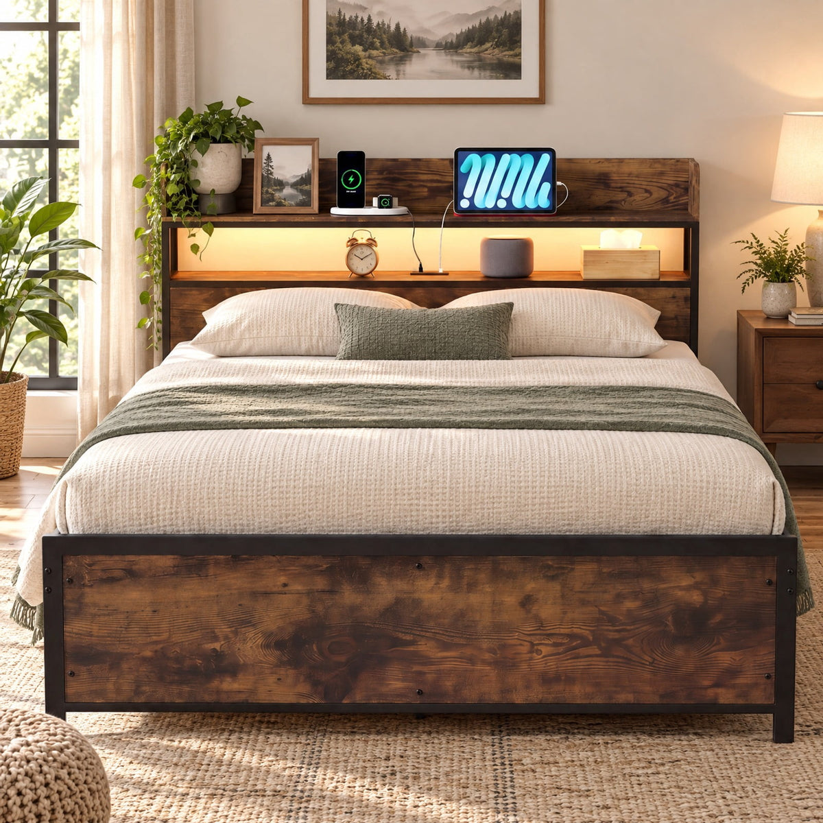 Airfind LED Bed Frame with Power Outlets and Storage Headboard, 1000 lbs Capacity, Engineered Wood Metal MDF Frame