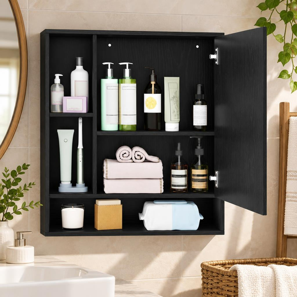 Airfind Wall Mounted Bathroom Cabinet with Mirror Single Door, 176 lbs Capacity, Glass MDF Engineered Wood Frame, 21.5 Inch x 6.5 Inch x 24 Inch Footprint