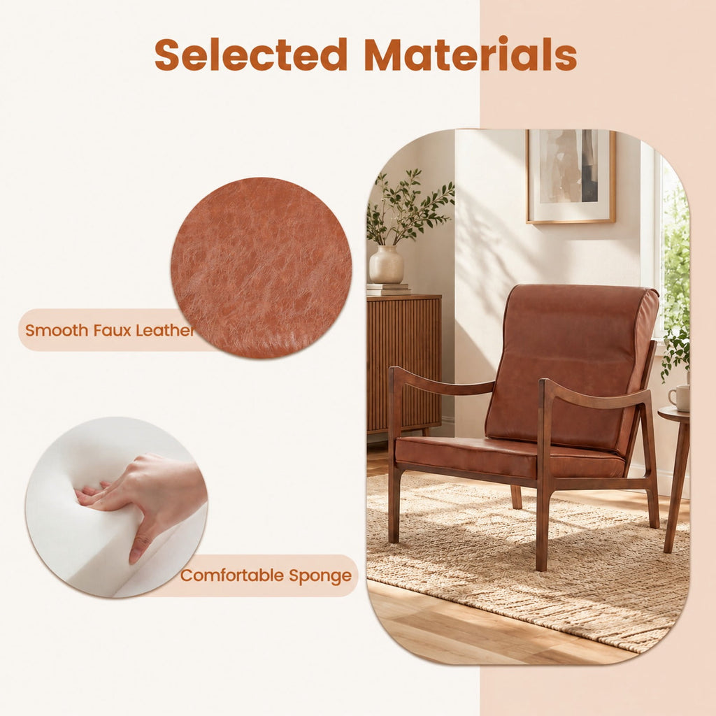 Airfind Modern Accent Chair with Solid Rubber Wood Faux Leather Upholstered Armchair, 400 lbs Capacity, 34.5 x 25.5 x 35 Footprint, Brown