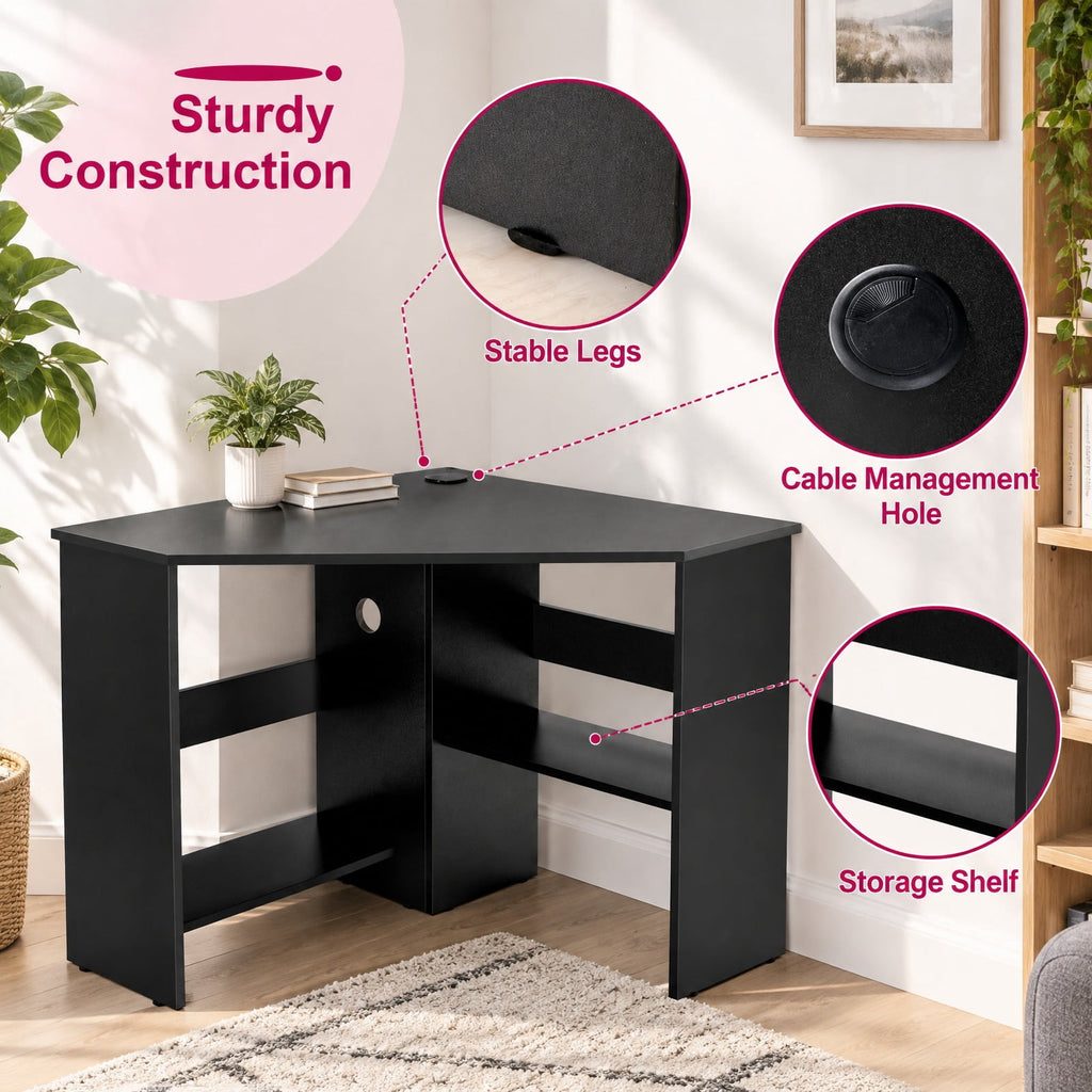 Airfind Corner Computer Desk Triangle Writing Workstation with Storage Shelf, 200 lbs Capacity, E0 engineered wood Frame, Black