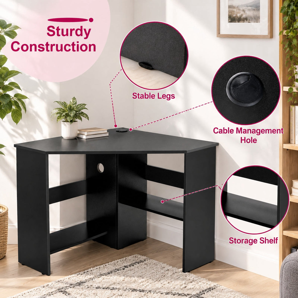 Airfind Corner Computer Desk Triangle Writing Workstation with Storage Shelf, 200 lbs Capacity, E0 engineered wood Frame, Black