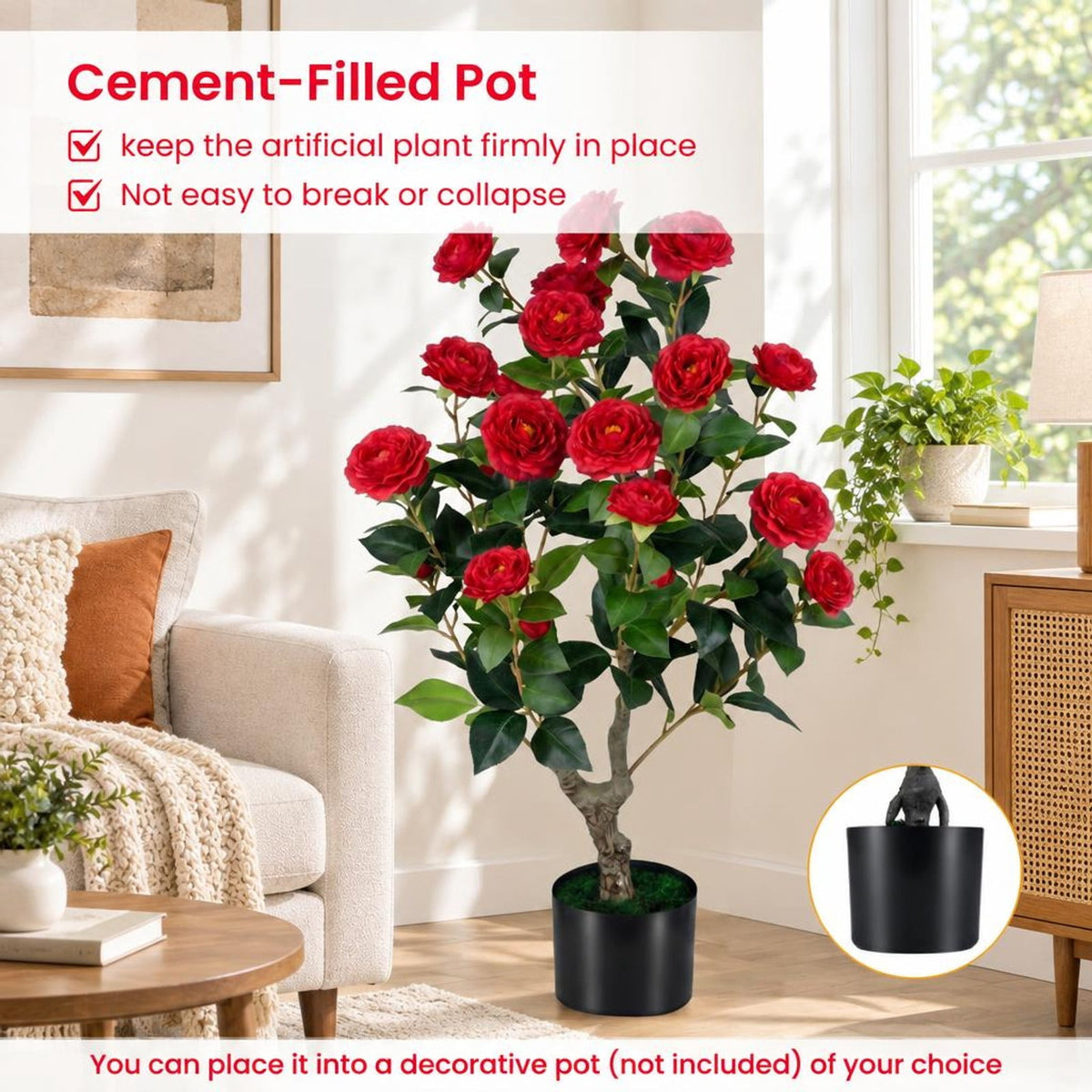 Airfind Artificial Camellia Tree, 2-Pack, Faux Flower Plant in Cement-Filled Pot, offers excellent stability and balance, Red