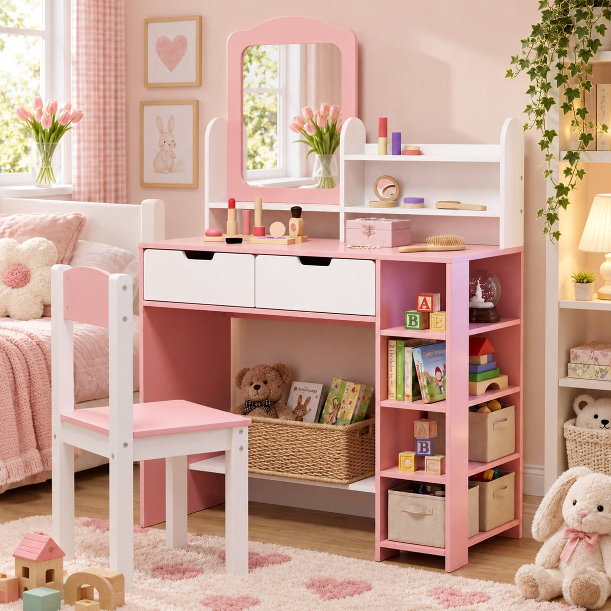 Airfind Kids Vanity Set with Chair and Mirror Makeup Dressing Desk with Storage Shelves and Drawers-White and Pink, 200 lbs Capacity, MDF Glass Frame