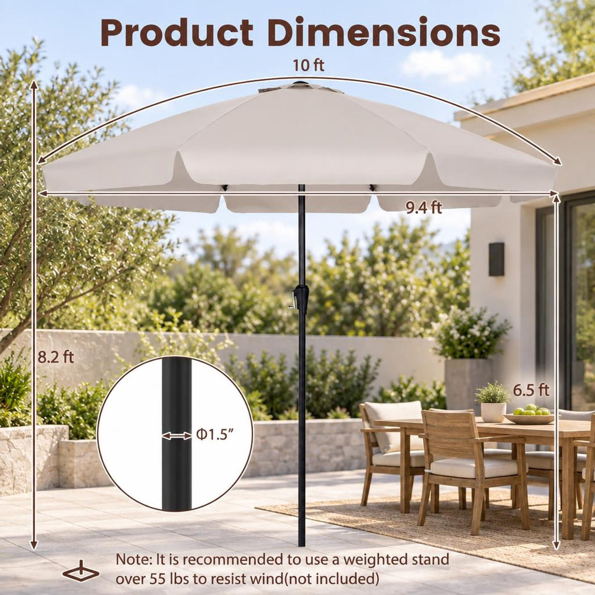 Airfind 10 FT Scalloped Patio Umbrella with Push Button Tilt and 8 Fiberglass Ribs, Fiberglass Polyester Fabric Metal ABS Frame, Beige