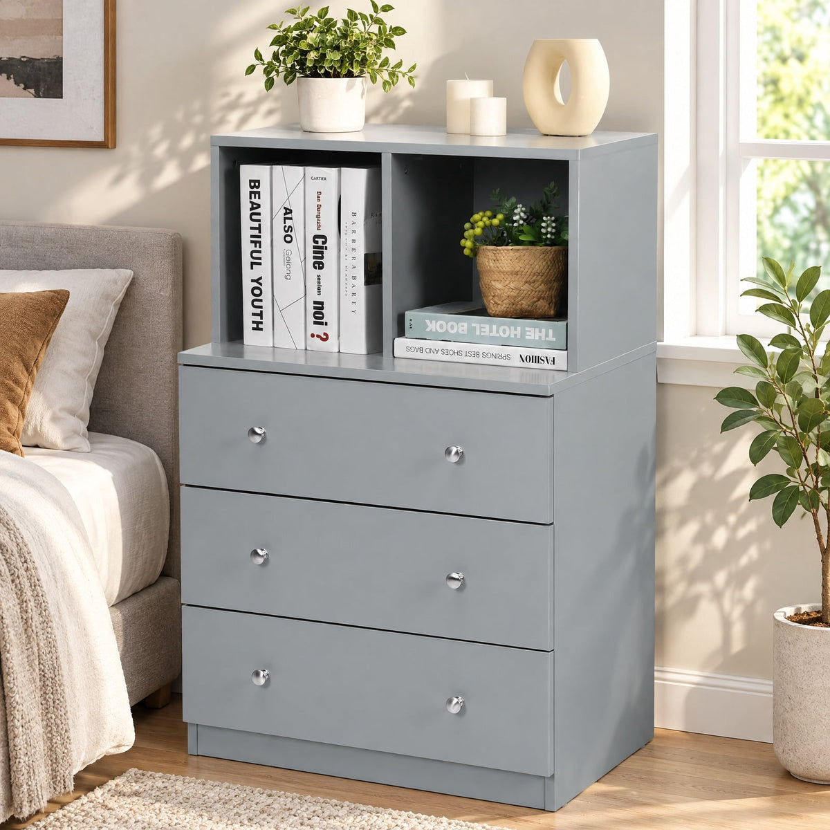 Airfind 3 Drawer Dresser with Cubbies Storage Chest for Bedroom Living Room, Engineered wood metal Frame, 24in x 16in x 37in Footprint, Gray