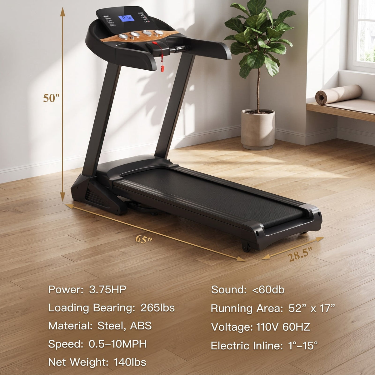 Airfind 3.75HP Folding Treadmill for Home, Electric Running Machine with Auto Incline, 12 Programs, App Control and Wide Running Belt, Black