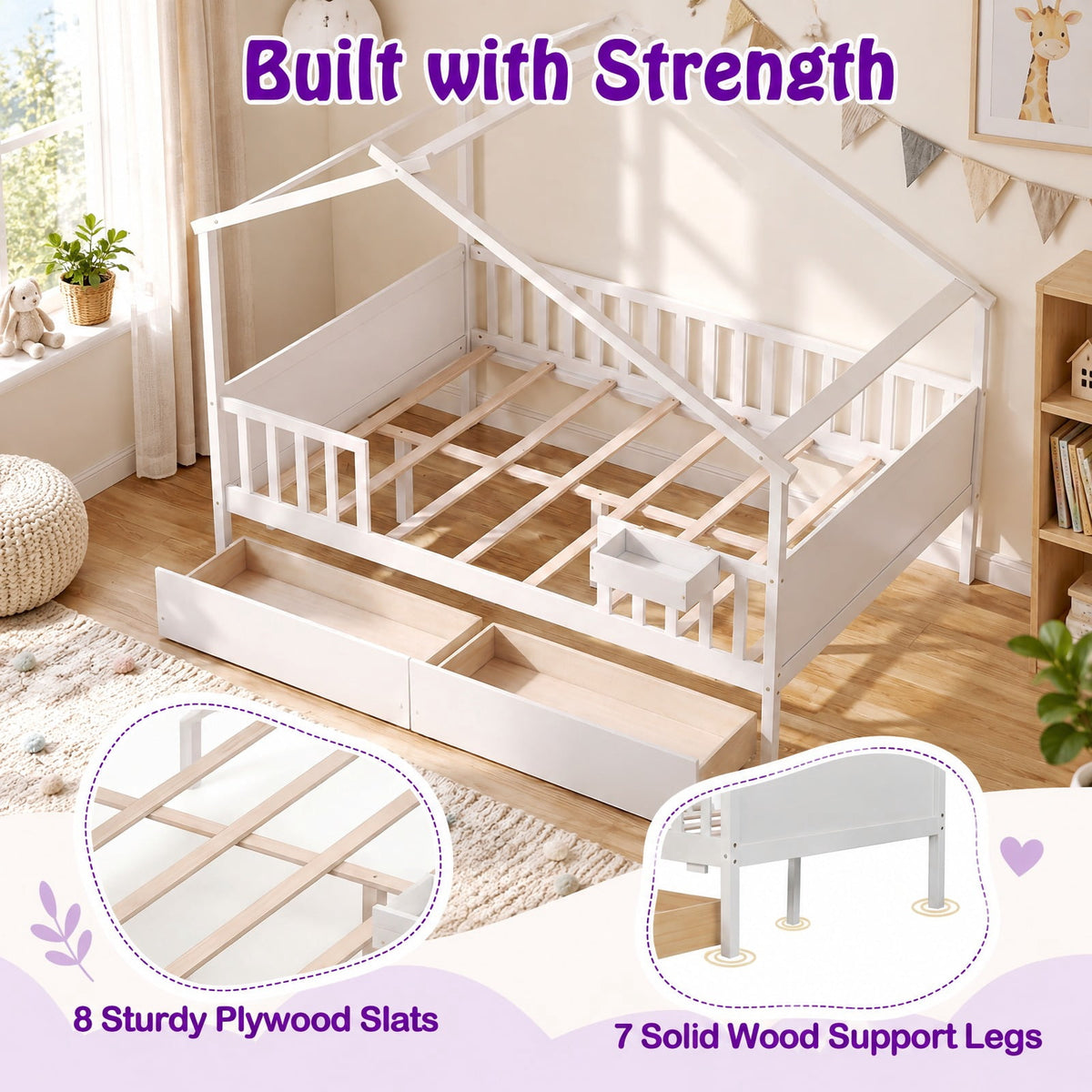 Airfind Full Size House Bed with Roof and Fence Rails for Kid, 550 lbs Capacity, Pine Wood Plywood MDF Engineered Wood Frame, White