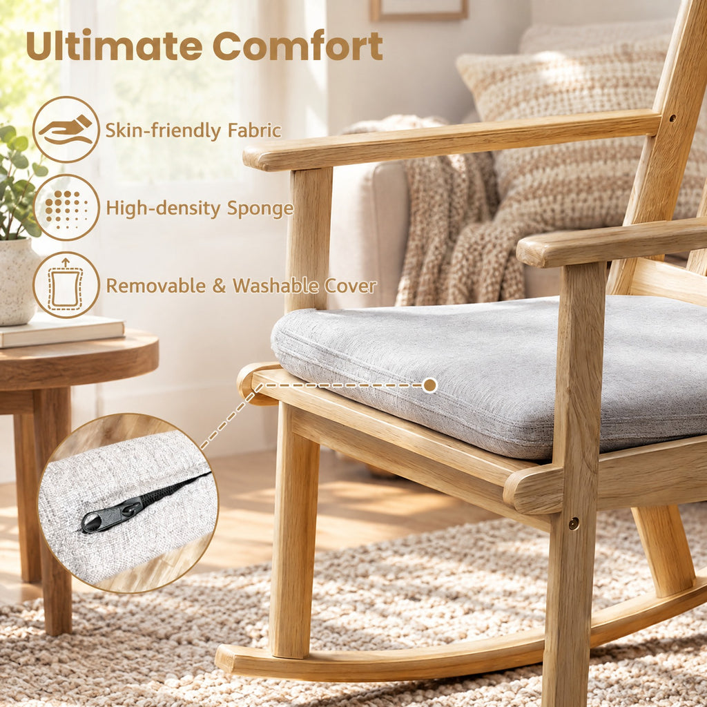 Airfind Rocking Chair with Cushion Solid Rubber Wood Rocker with Padded Seat, 160 kg Capacity, Rubber Wood Fabric Sponge Frame, Natural