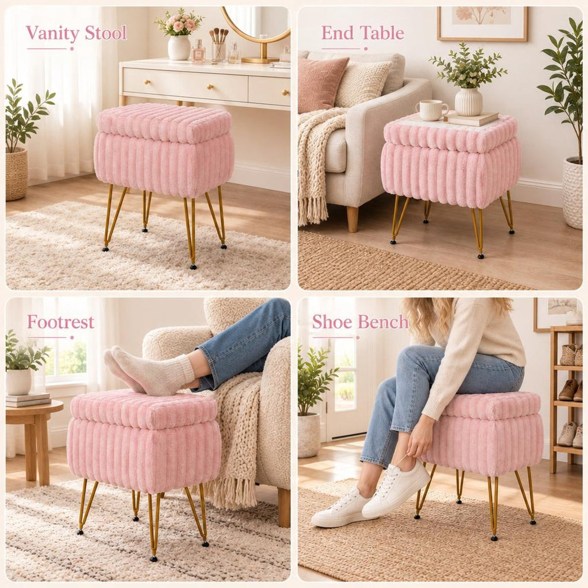 Airfind Vanity Stool with Storage and Reversible Lid Faux Fur Upholstered Ottoman, 16.5 x 13 x 22Lid Footprint, Pink