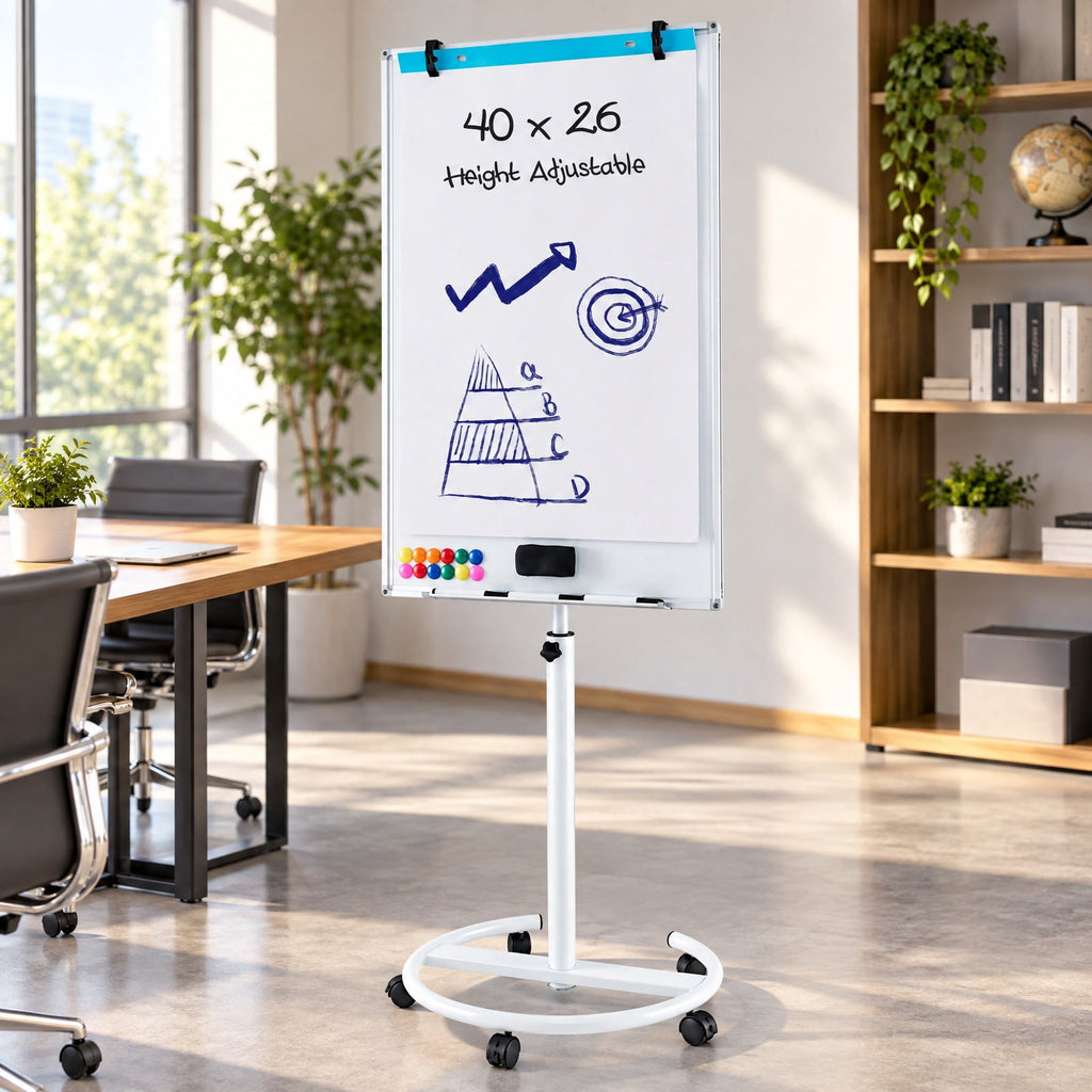Airfind Height-Adjustable Mobile Whiteboard with Round Stand Paper Clips, Plastic Metal Frame, 26 x 24 x 52-75.5 Footprint, White