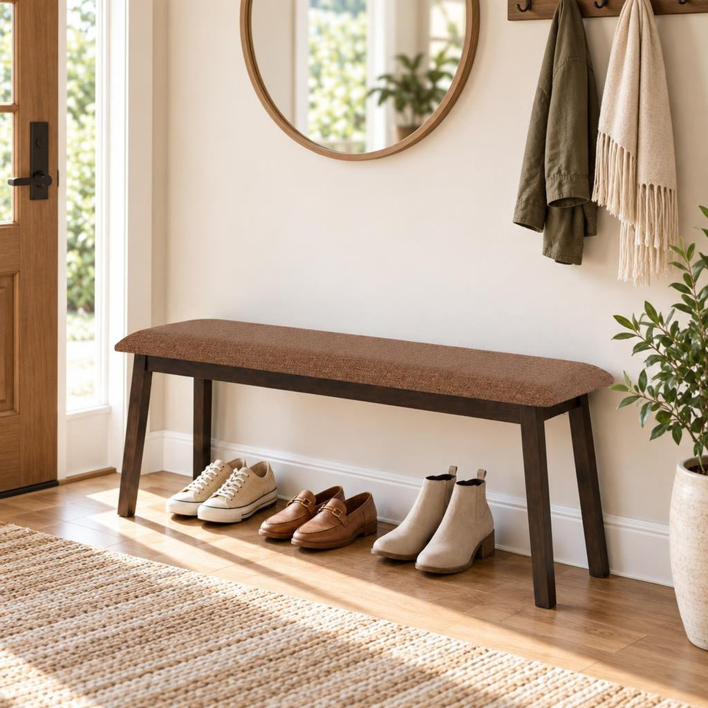 Airfind 43.5 Inch Upholstered Entryway Bench with Rubber Wood Frame, 550 lbs Capacity, Faux Linen Fabric Frame, 43.5 Inch x 14 Inch x 18 Inch Footprint, Brown